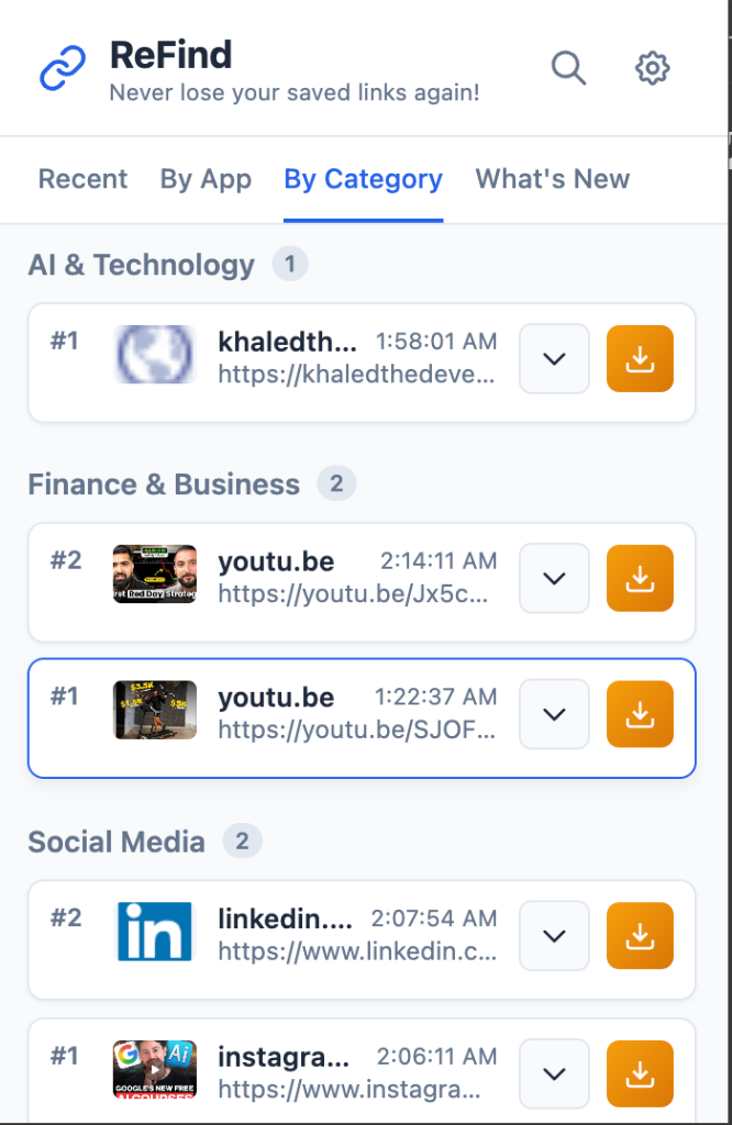 ReFind dashboard showing saved links organized by category